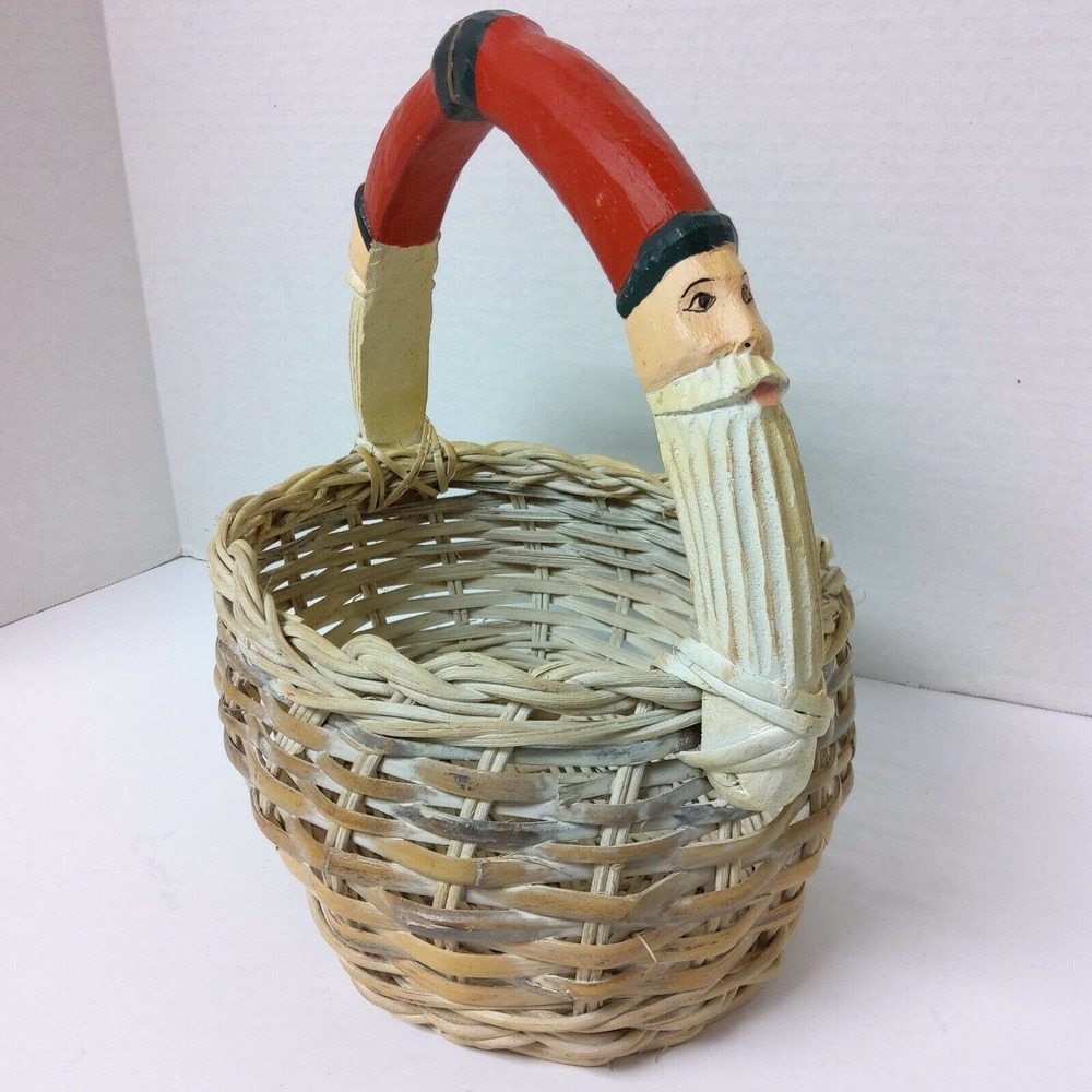 Vintage Hand Carved Santa Face Wooden Handle Basket Christmas hand painted